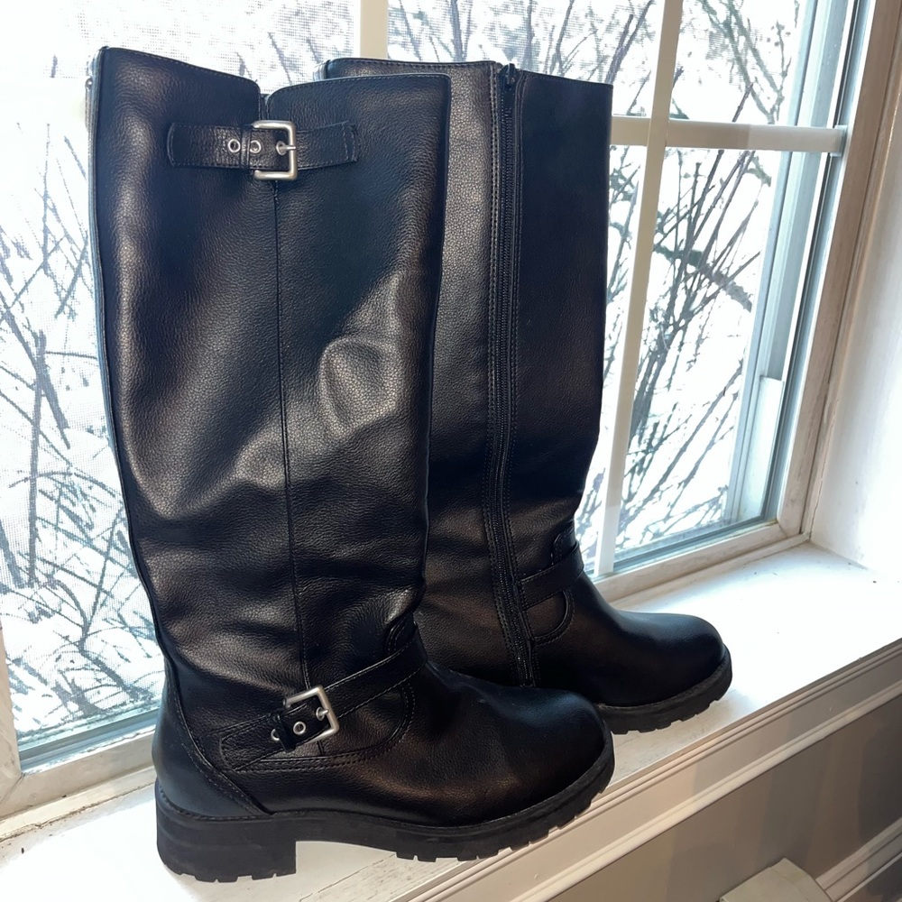 Women's Black Leather Knee-High Boots with Buckles